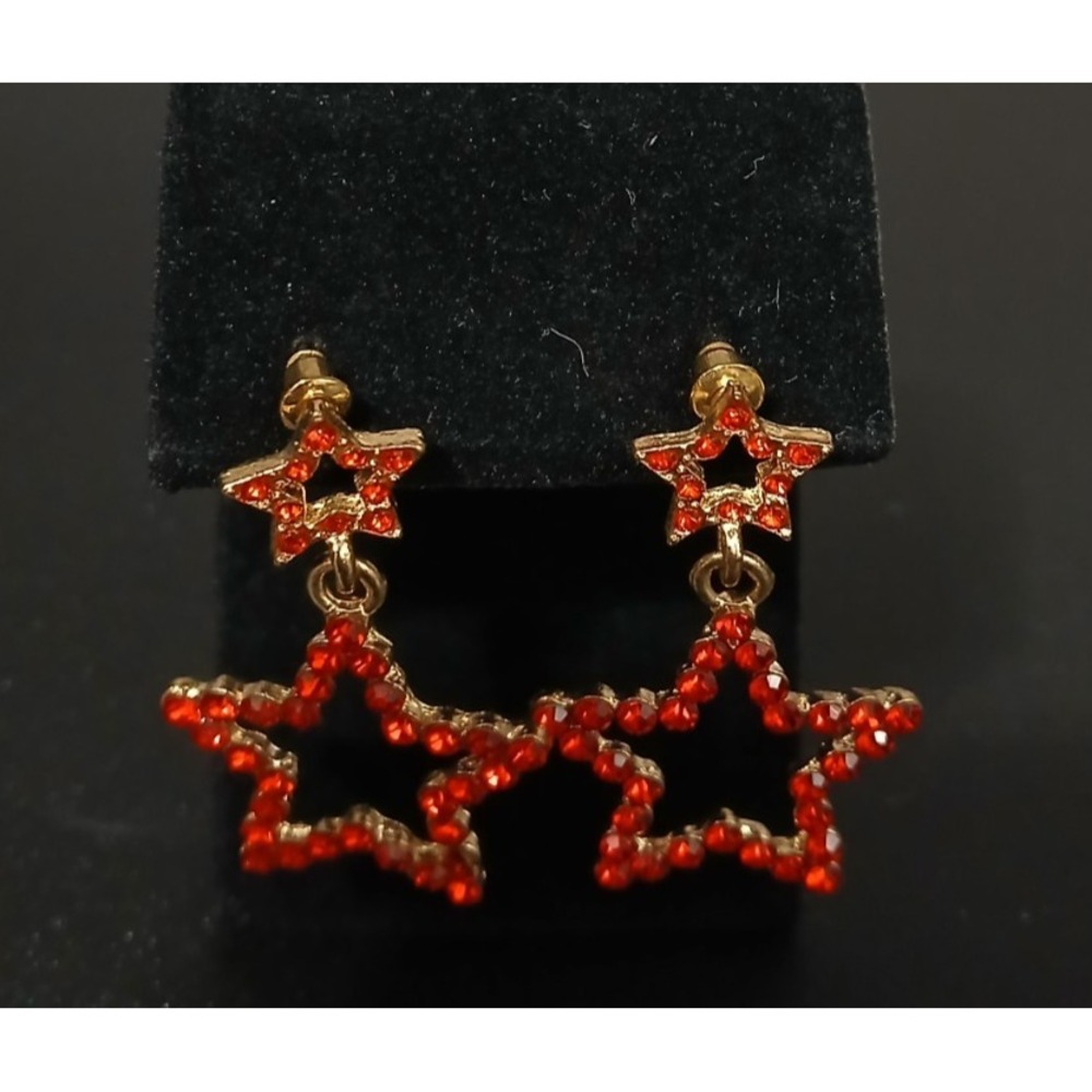 Vintage Rhinestone Double Star Dangle Earrings Gold Tone